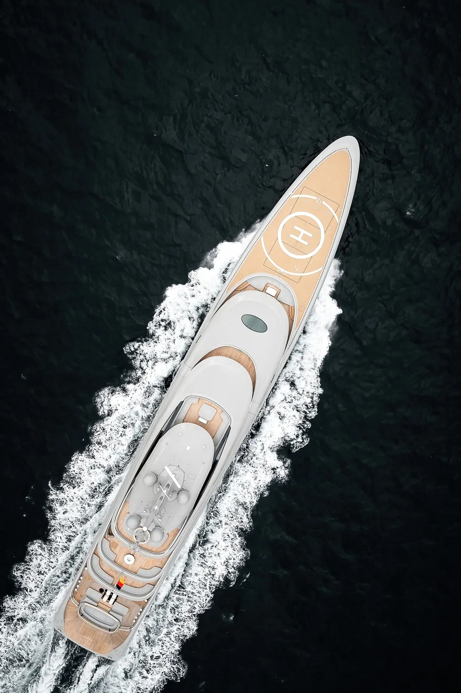 Lürssen NIXIE from directly above, helideck forward and wake astern