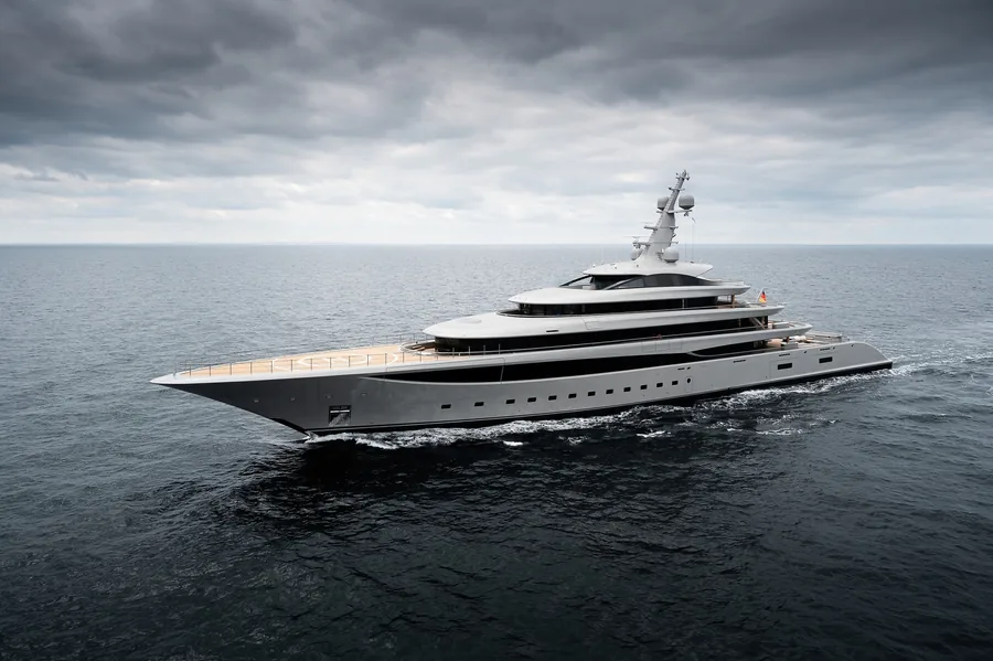 Lürssen NIXIE seen from the bow on a grey sea