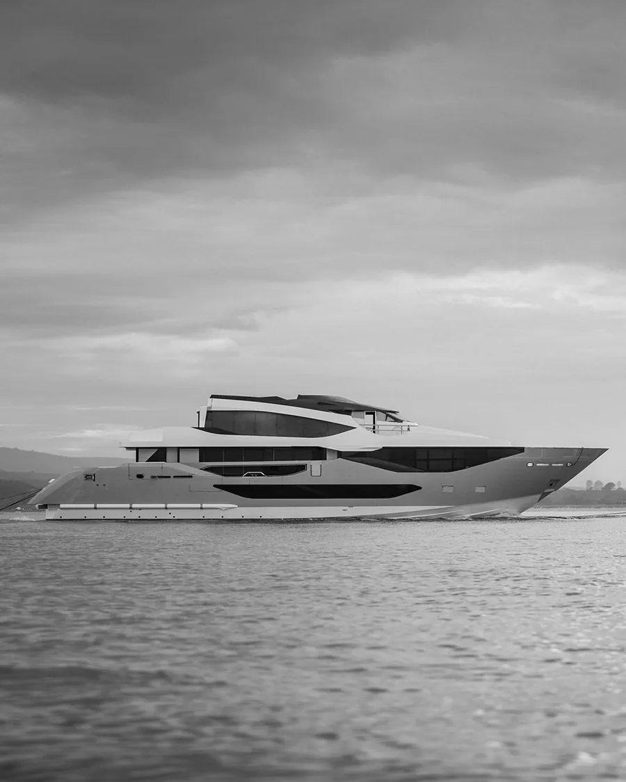 The Sunseeker 134 Superyacht in profile on the water under a cloudy sky